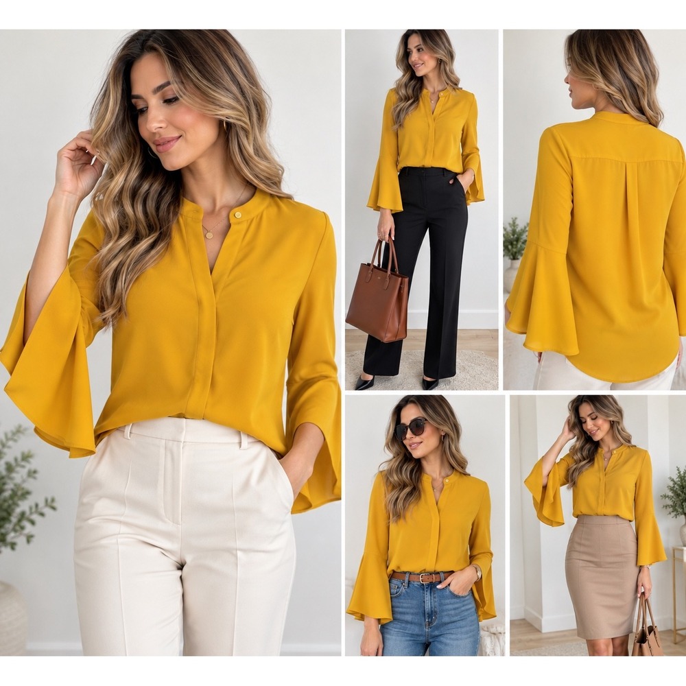 Banana Republic Bell Sleeve Blouse Womens PXS Yellow Hidden Button Workwear Top